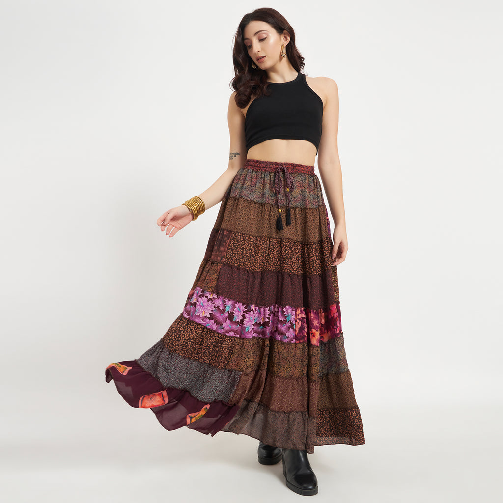Brown Handmade Sari Silk Tiered Patchwork Skirt