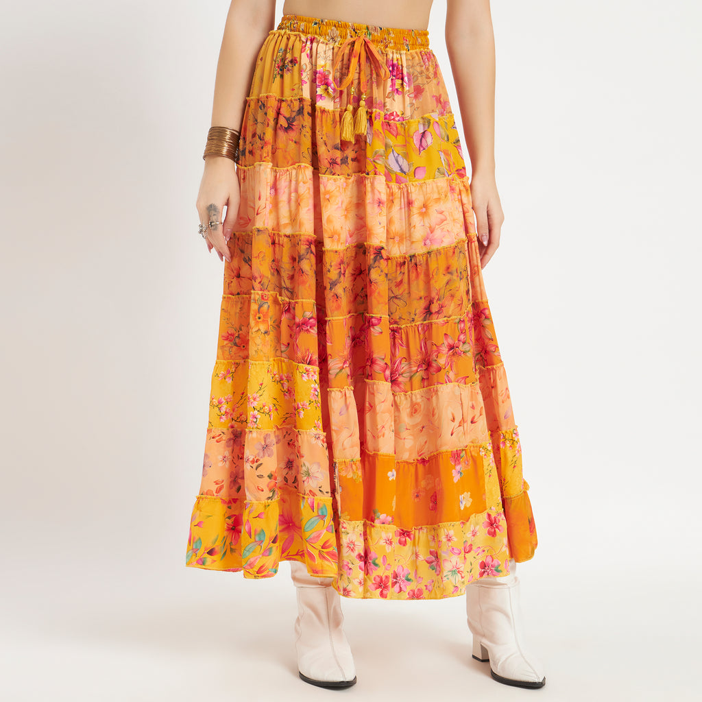 Yellow Handmade Sari Silk Tiered Patchwork Skirt
