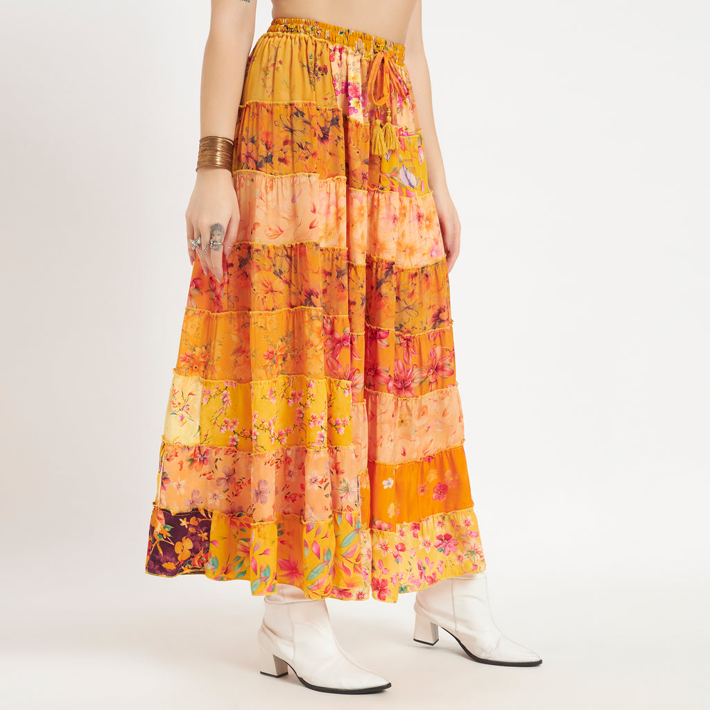 Yellow Handmade Sari Silk Tiered Patchwork Skirt