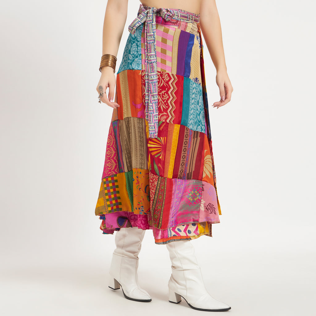 Preloved Sari Silk Patchwork Wrap Skirt