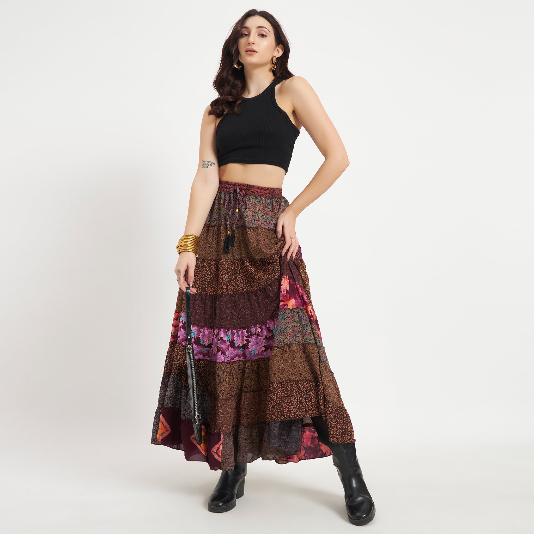Brown Handmade Sari Silk Tiered Patchwork Skirt
