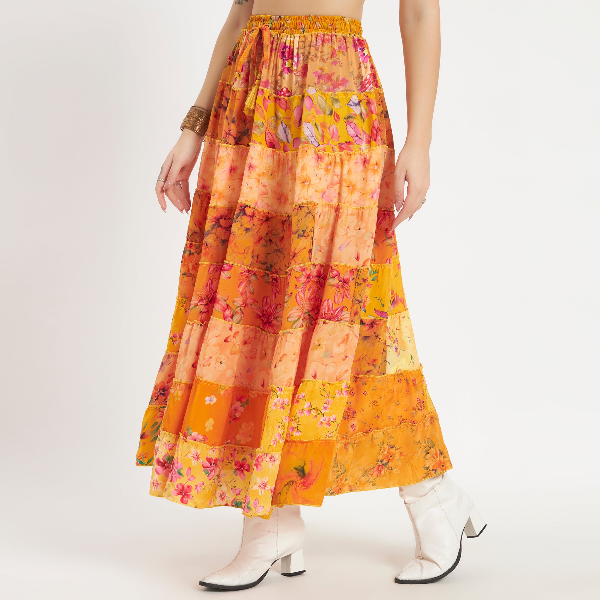 Yellow Handmade Sari Silk Tiered Patchwork Skirt