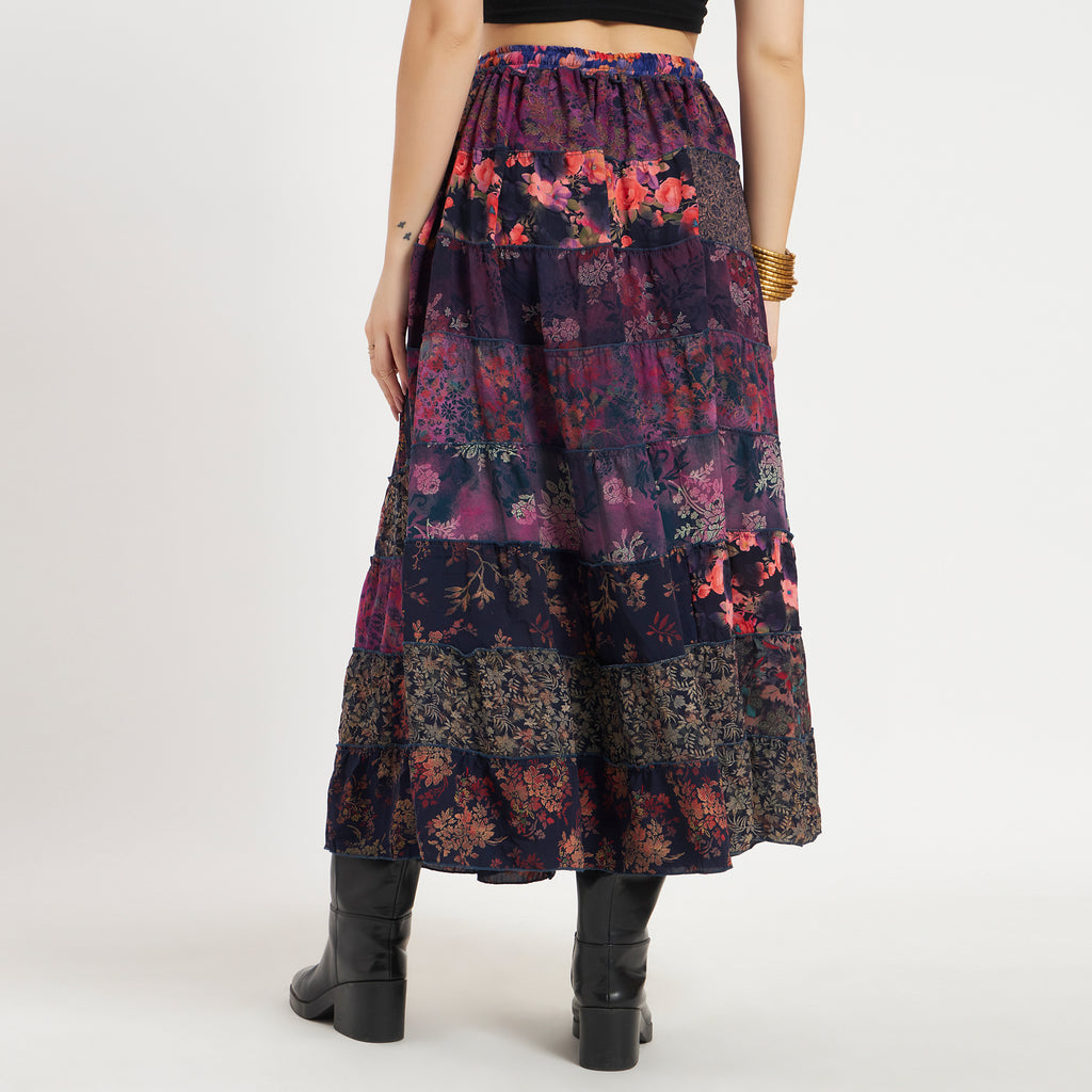 Purple Handmade Sari Silk Tiered Patchwork Skirt