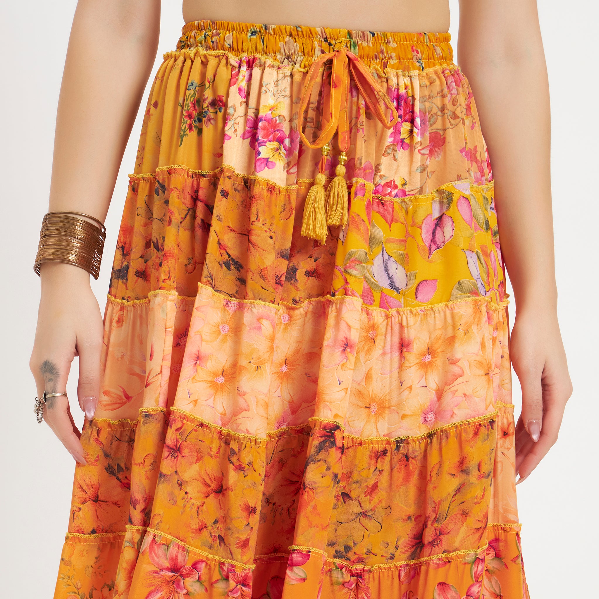Yellow Handmade Sari Silk Tiered Patchwork Skirt