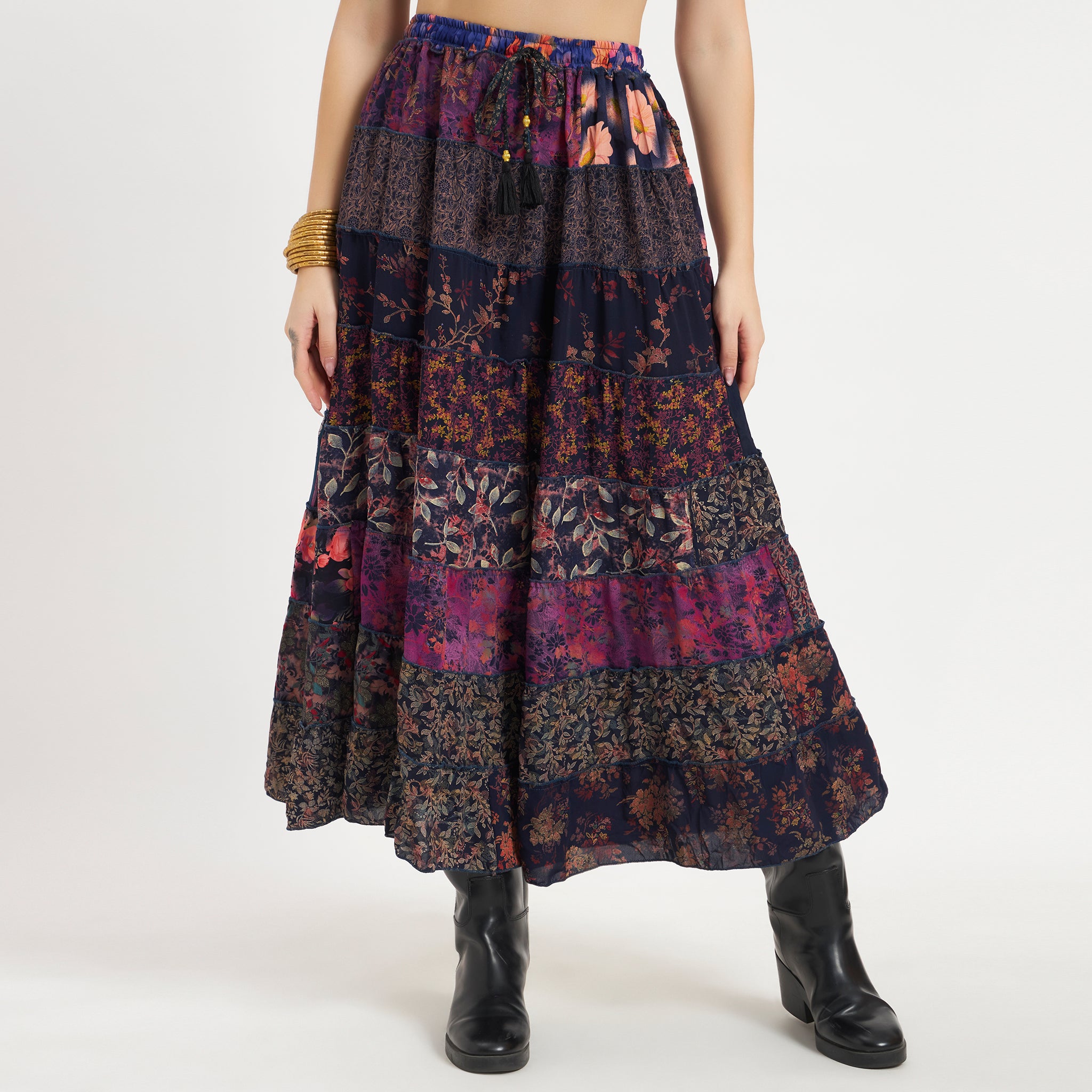 Purple Handmade Sari Silk Tiered Patchwork Skirt