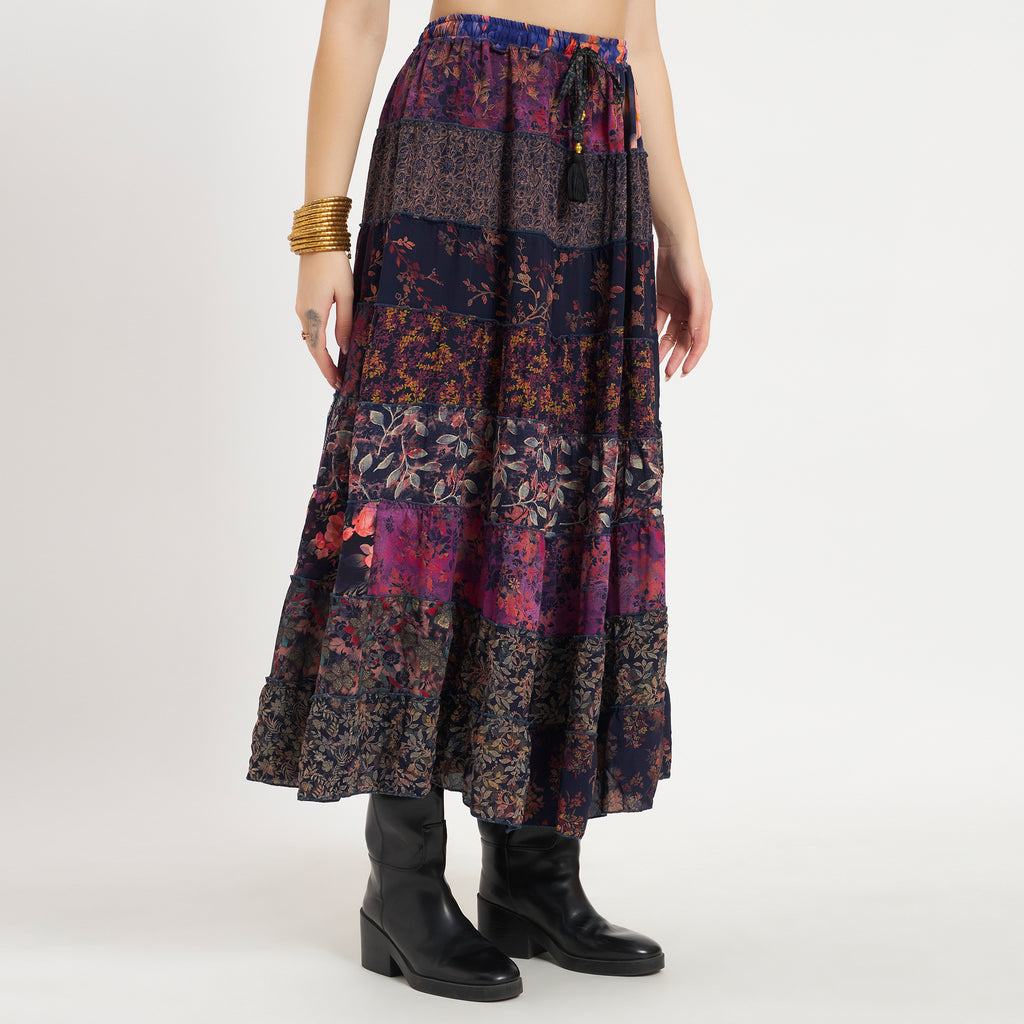 Purple Handmade Sari Silk Tiered Patchwork Skirt