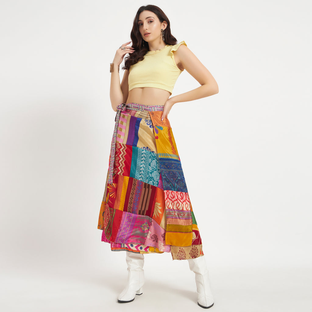Preloved Sari Silk Patchwork Wrap Skirt