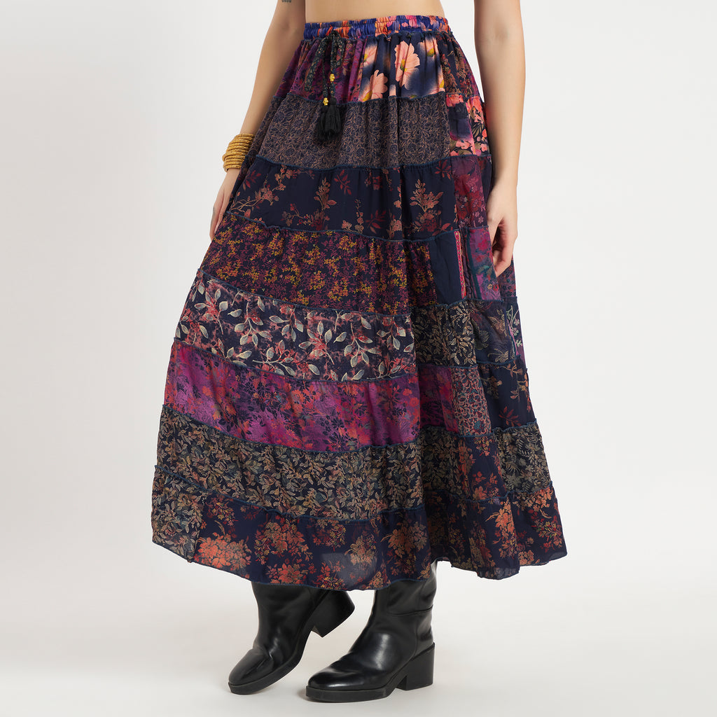 Purple Handmade Sari Silk Tiered Patchwork Skirt