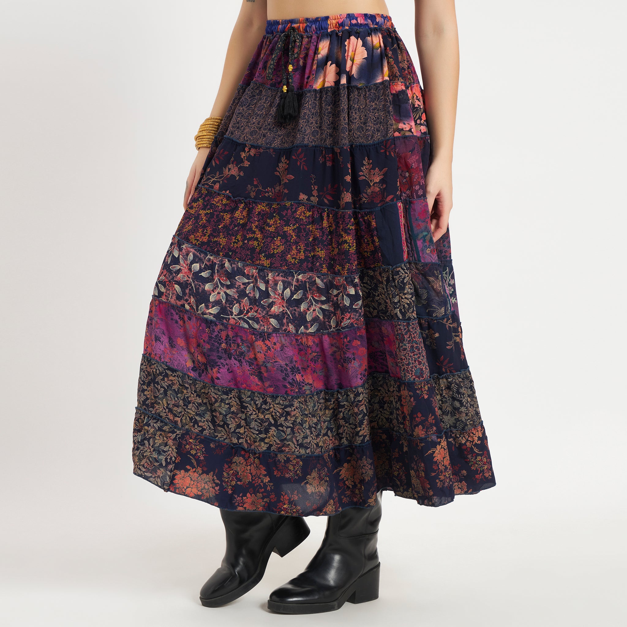 Purple Handmade Sari Silk Tiered Patchwork Skirt