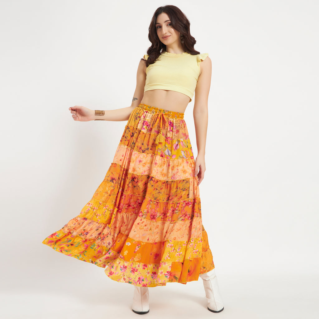 Yellow Handmade Sari Silk Tiered Patchwork Skirt