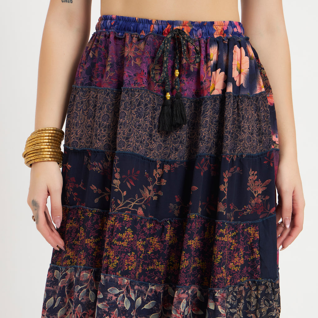 Purple Handmade Sari Silk Tiered Patchwork Skirt
