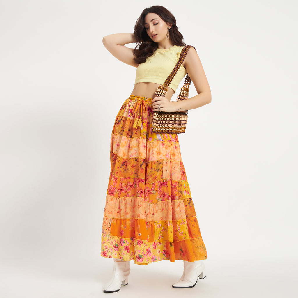 Yellow Handmade Sari Silk Tiered Patchwork Skirt