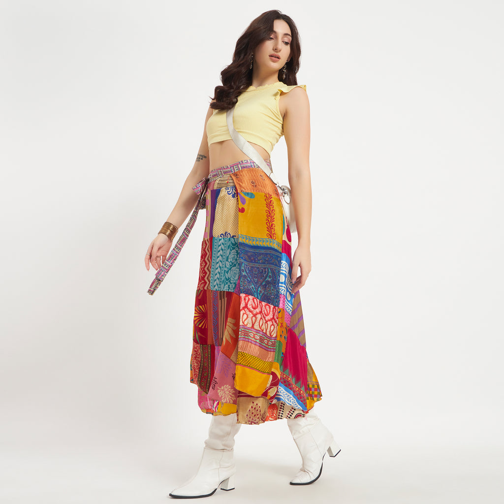 Preloved Sari Silk Patchwork Wrap Skirt