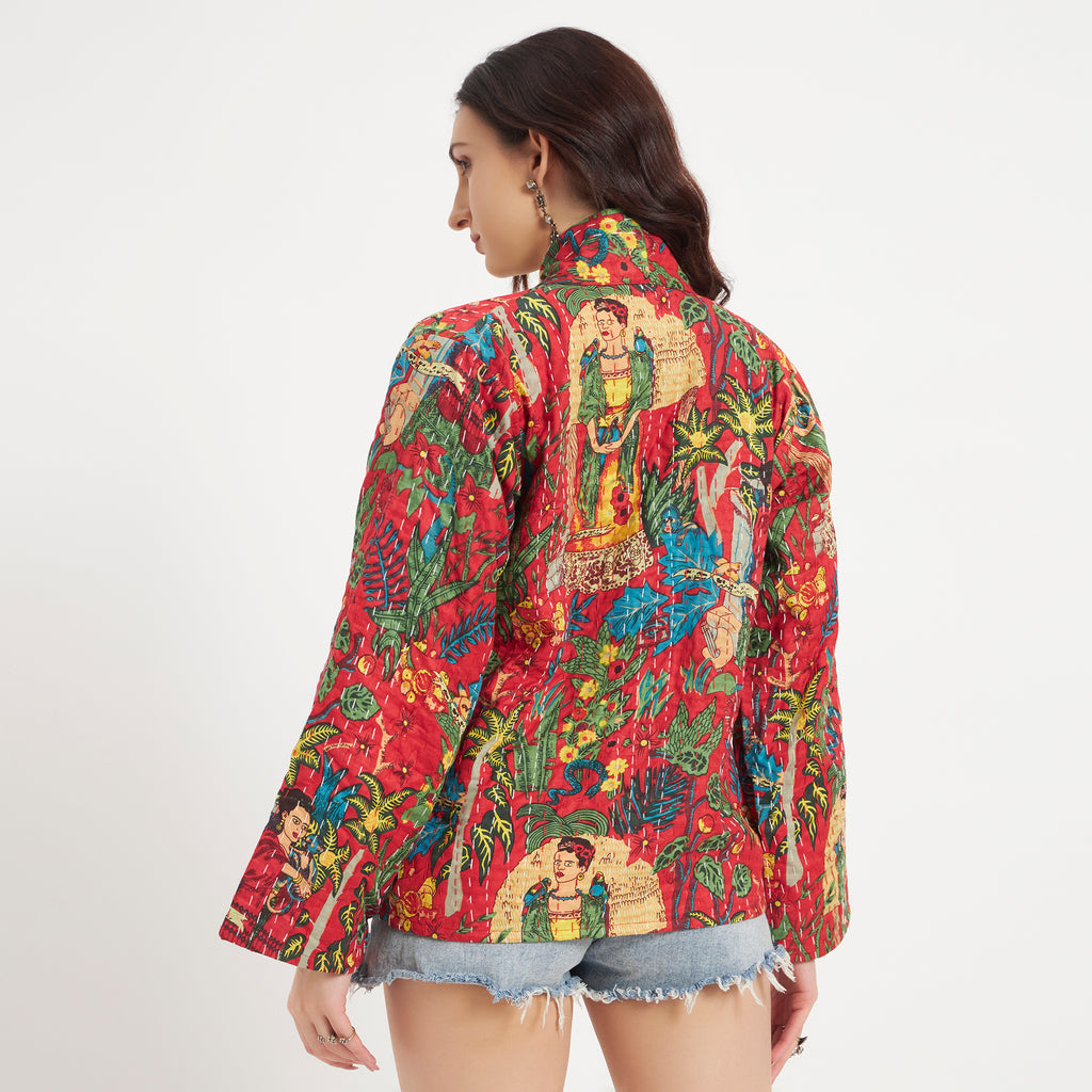 Red Frida Kahlo Cotton Kantha Jacket