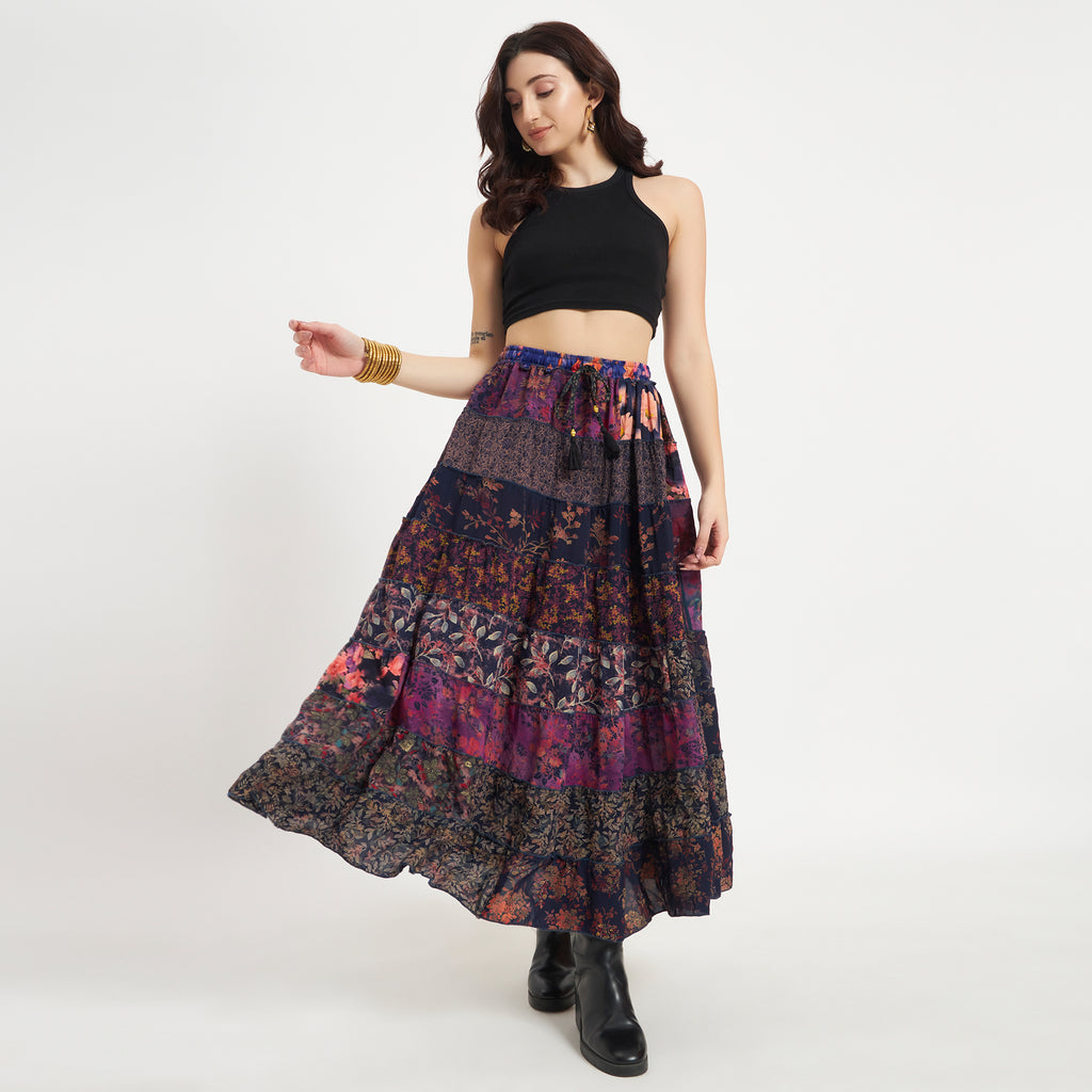 Purple Handmade Sari Silk Tiered Patchwork Skirt
