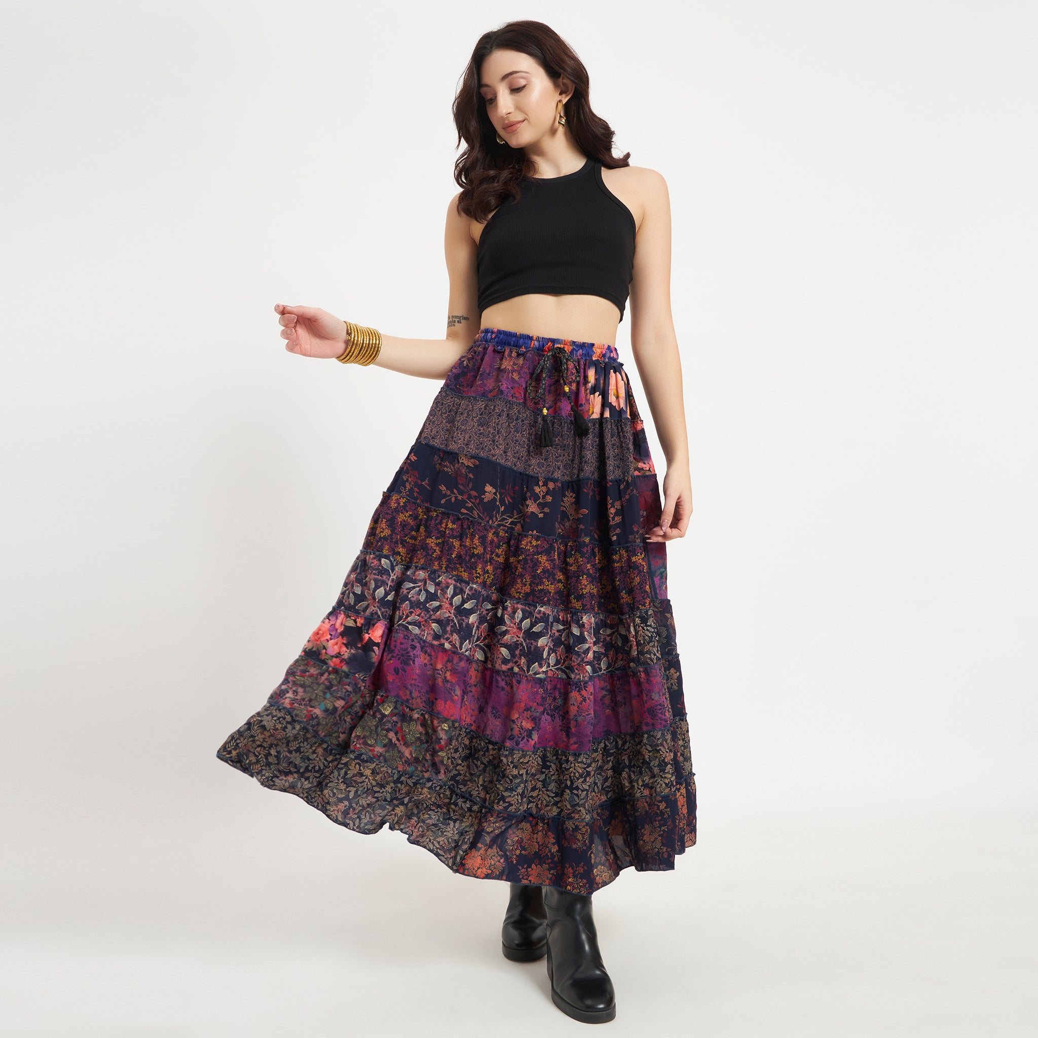 Purple Handmade Sari Silk Tiered Patchwork Skirt