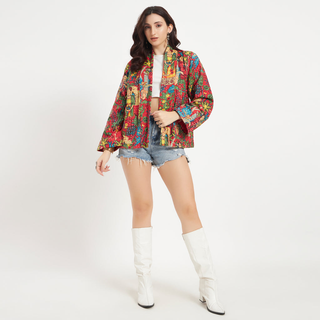 Red Frida Kahlo Cotton Kantha Jacket