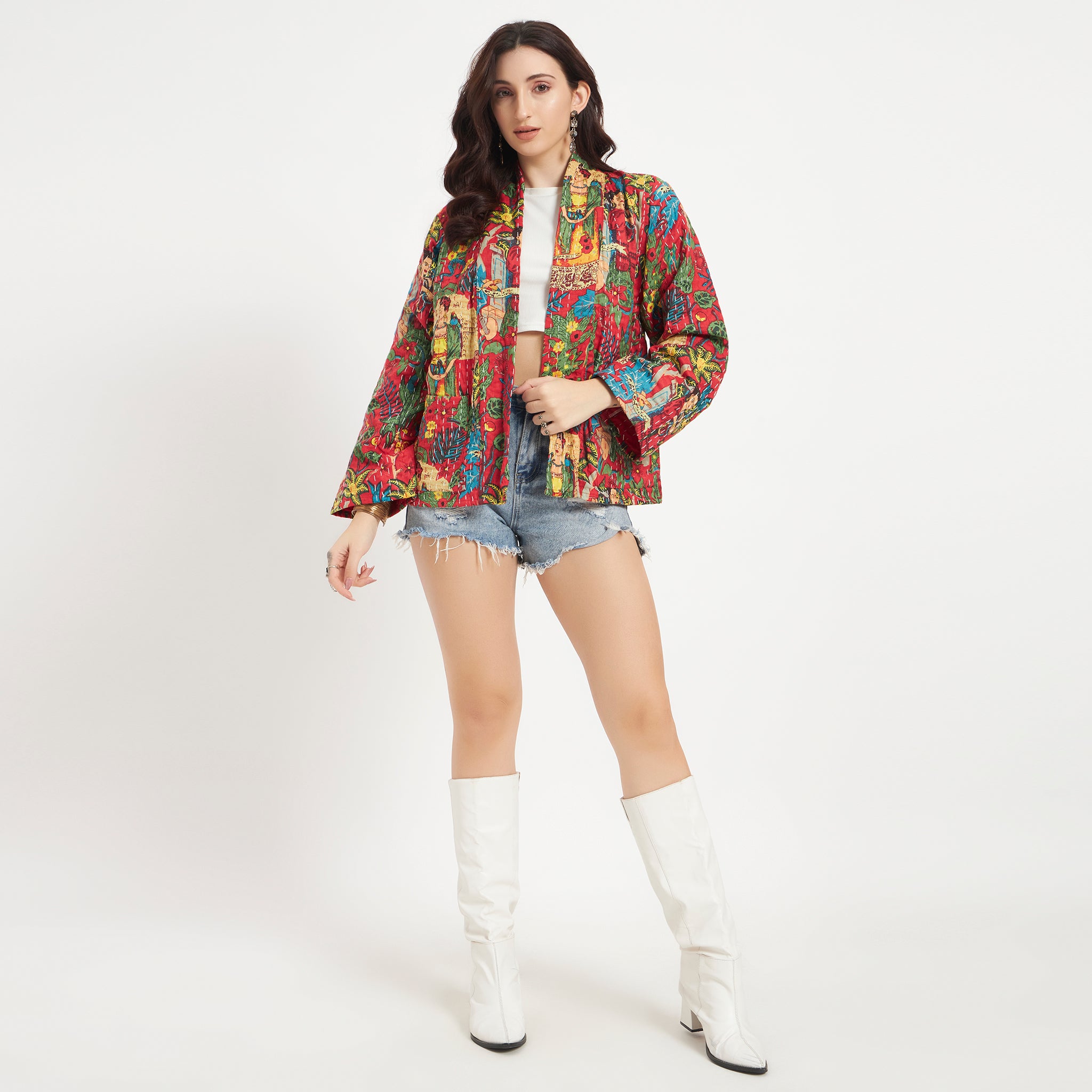 Red Frida Kahlo Cotton Kantha Jacket