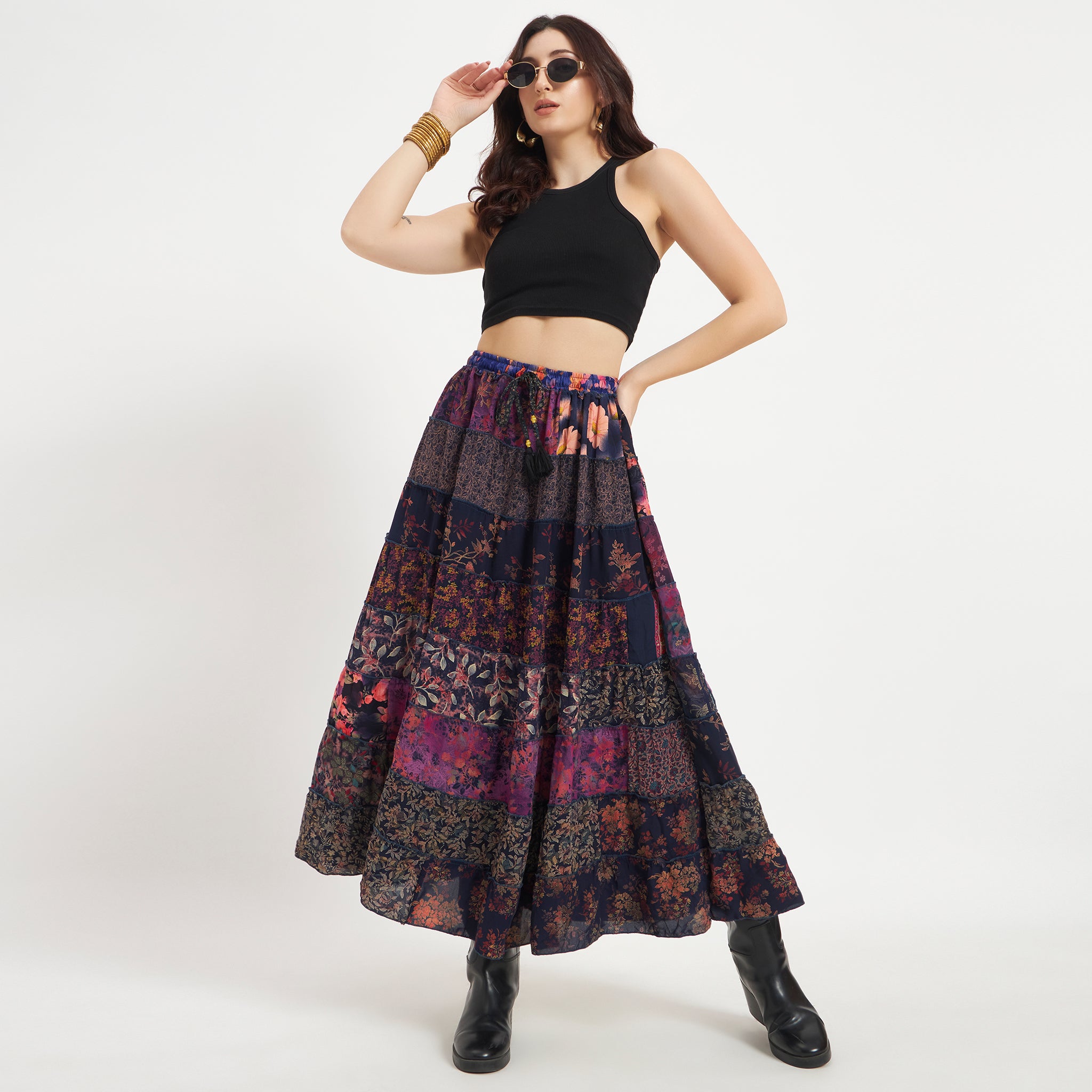 Purple Handmade Sari Silk Tiered Patchwork Skirt