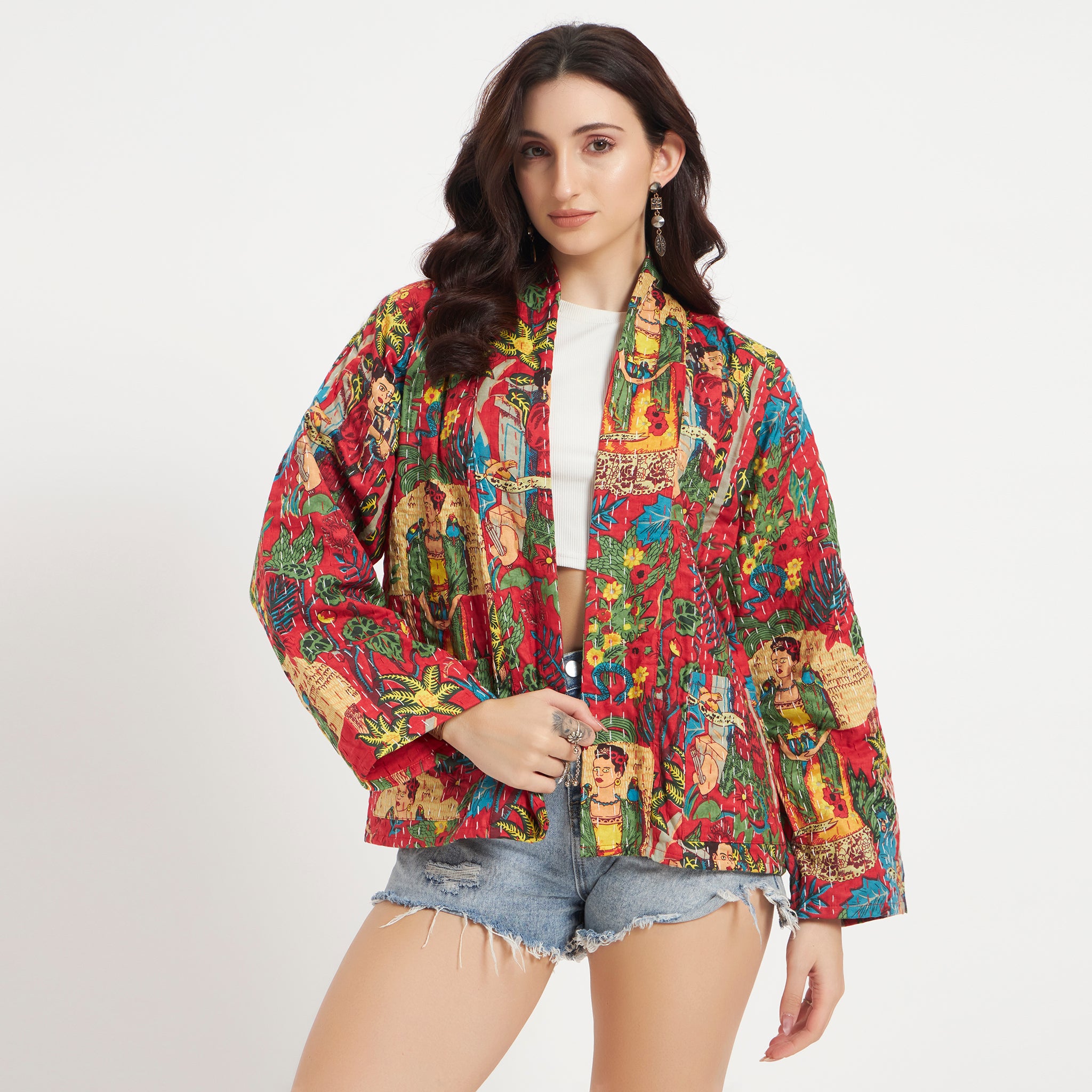 Red Frida Kahlo Cotton Kantha Jacket