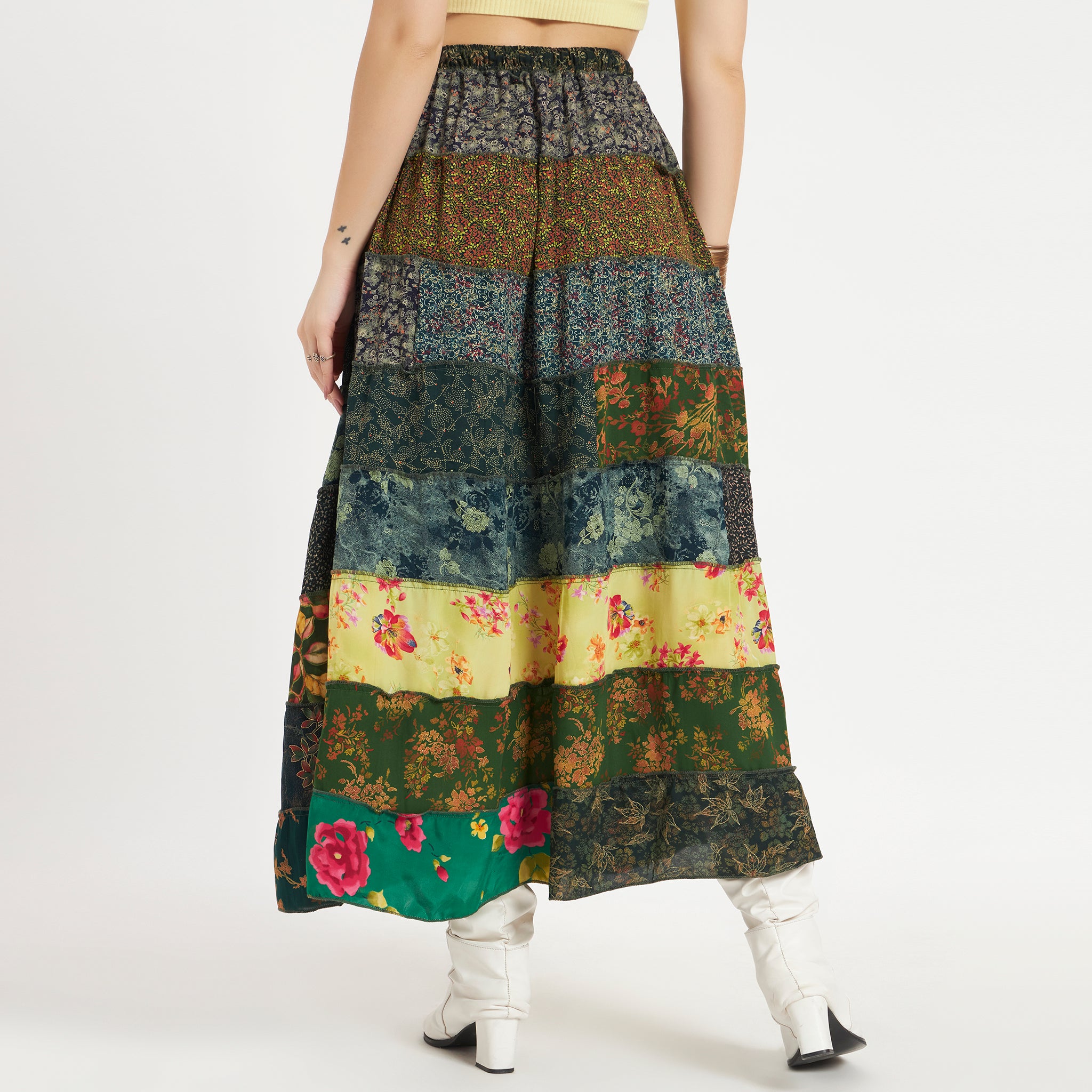 Green Handmade Sari Silk Tiered Patchwork Skirt