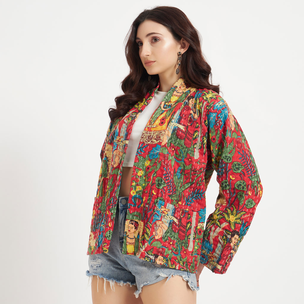Red Frida Kahlo Cotton Kantha Jacket