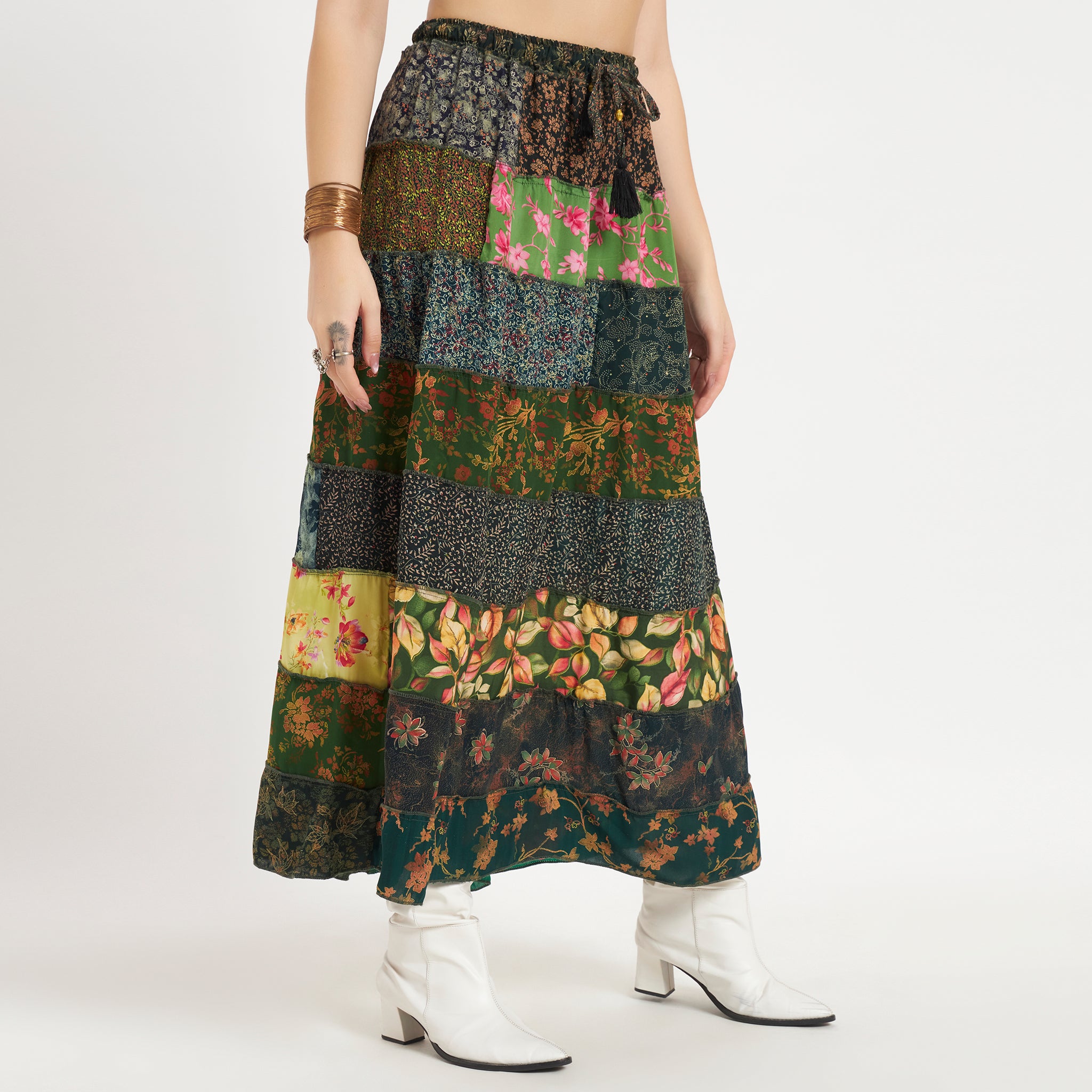 Green Handmade Sari Silk Tiered Patchwork Skirt