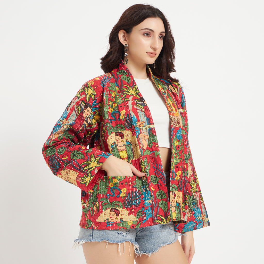 Red Frida Kahlo Cotton Kantha Jacket