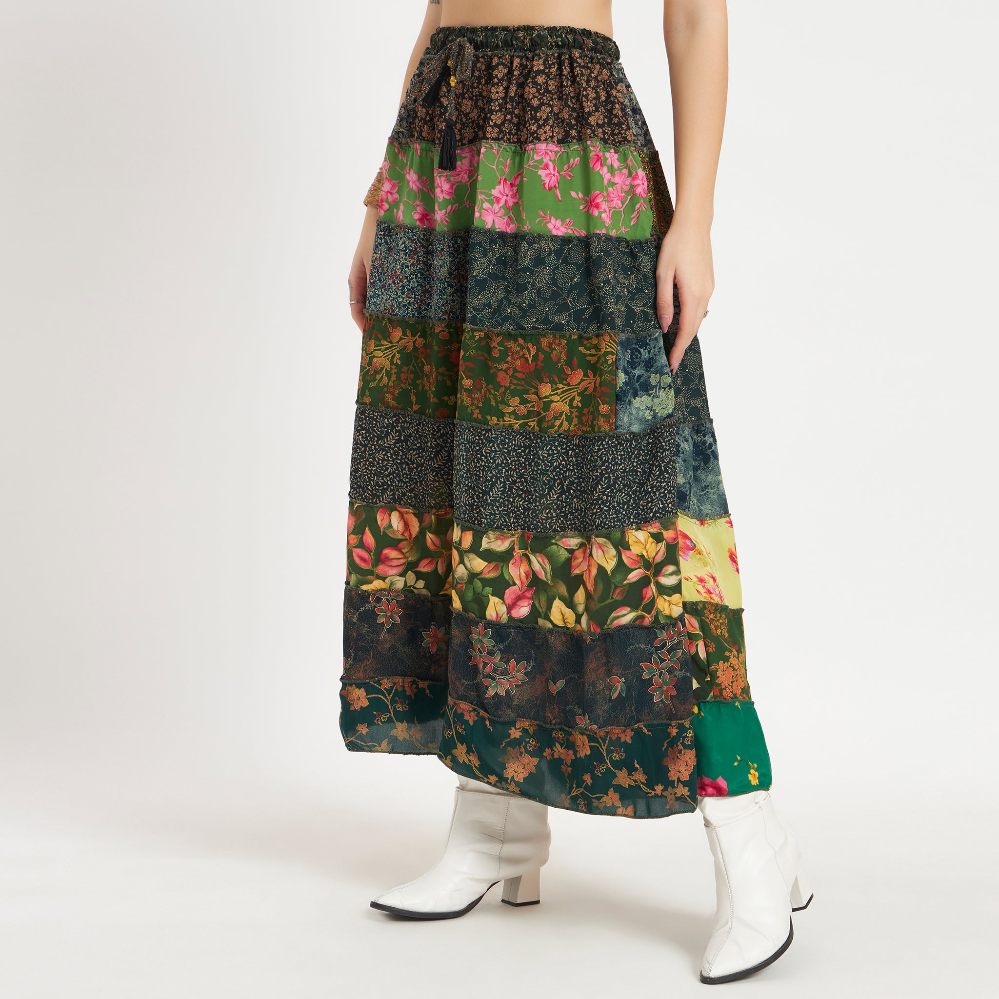 Green Handmade Sari Silk Tiered Patchwork Skirt