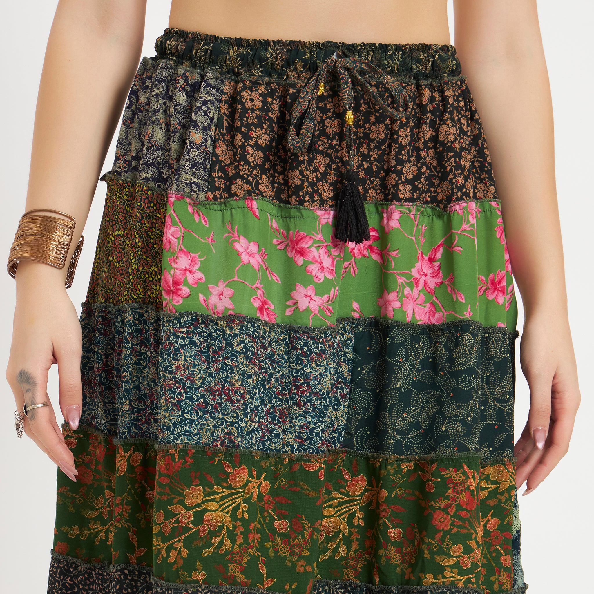 Green Handmade Sari Silk Tiered Patchwork Skirt