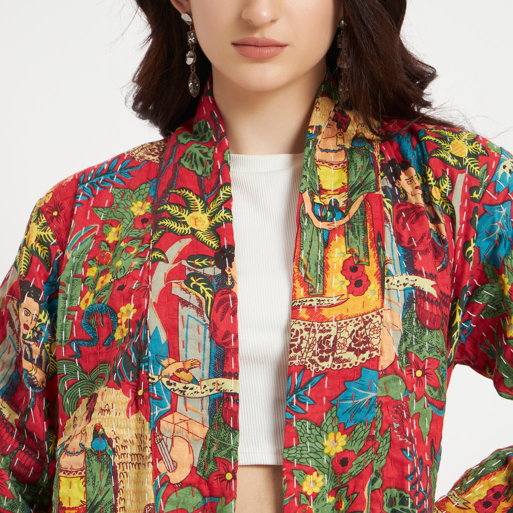 Red Frida Kahlo Cotton Kantha Jacket