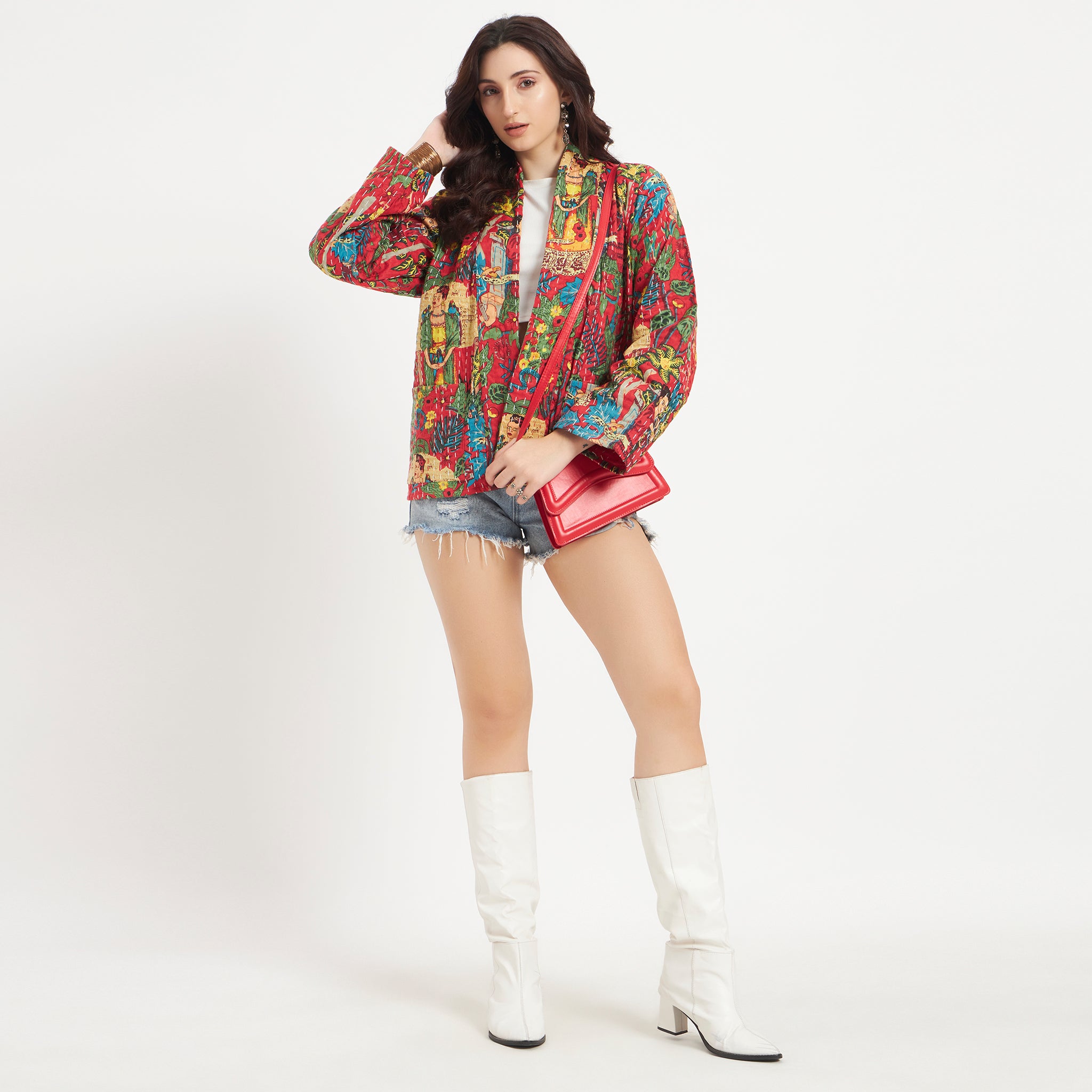 Red Frida Kahlo Cotton Kantha Jacket