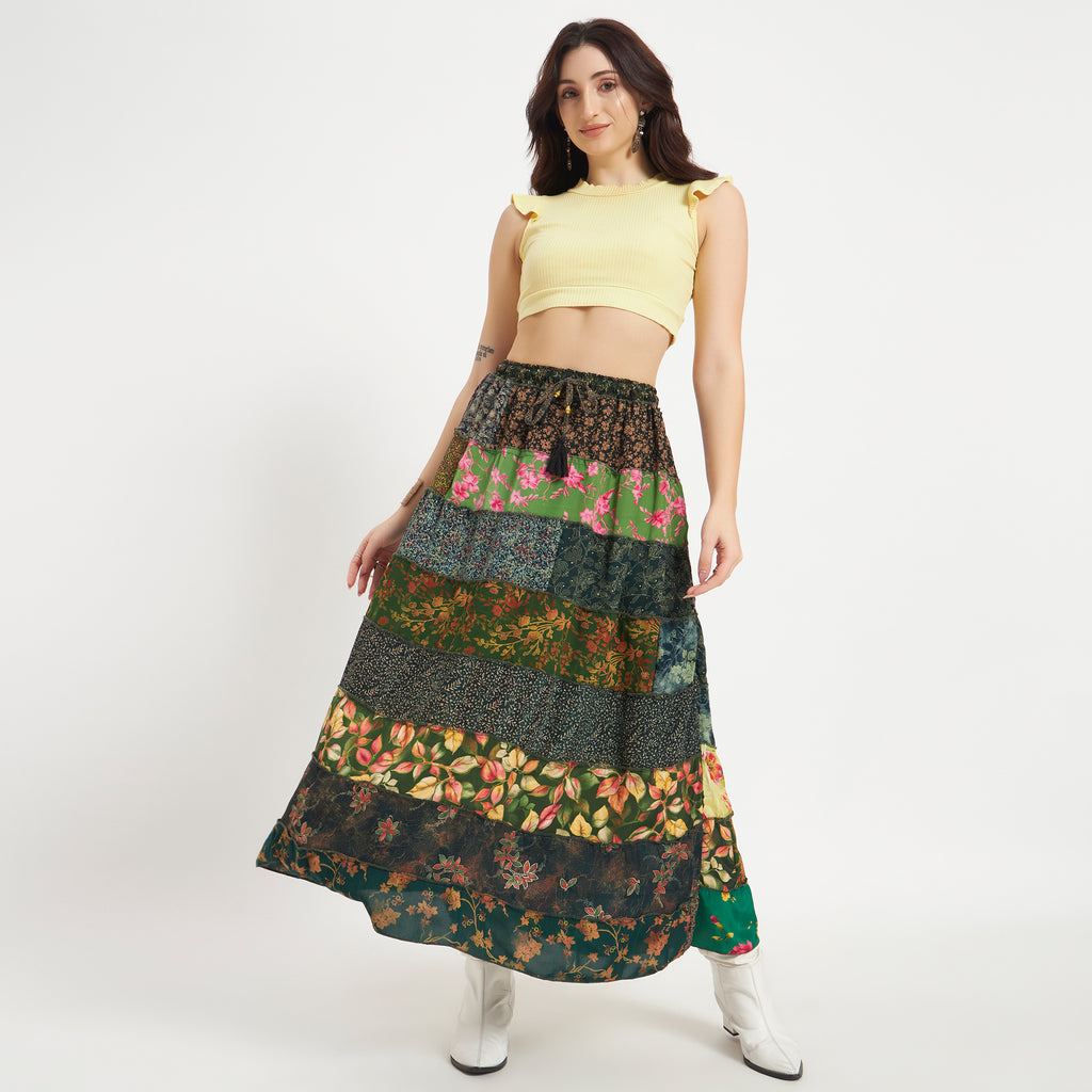 Green Handmade Sari Silk Tiered Patchwork Skirt