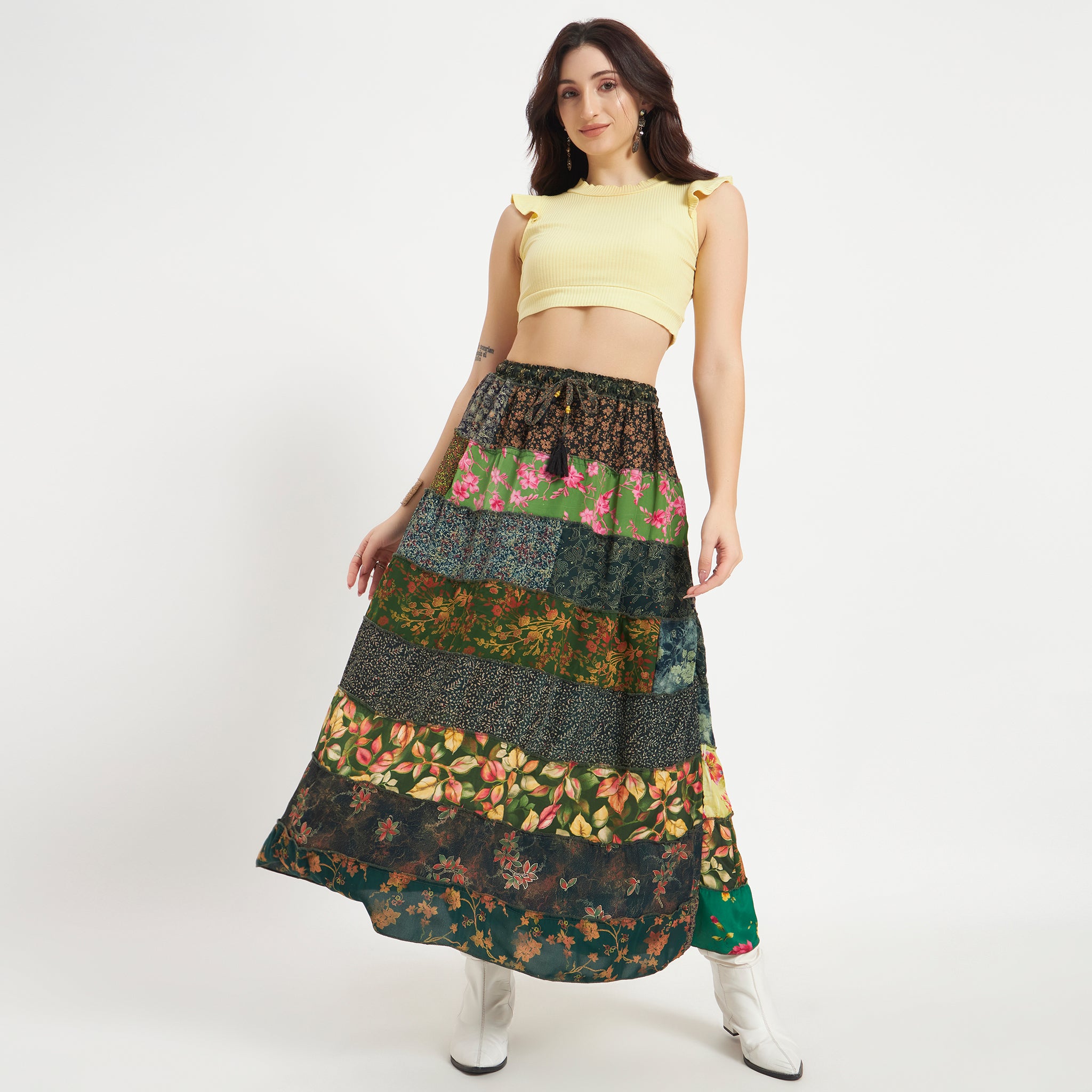 Green Handmade Sari Silk Tiered Patchwork Skirt