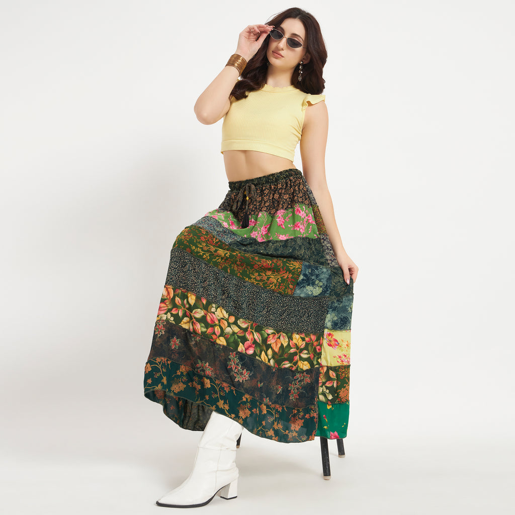 Green Handmade Sari Silk Tiered Patchwork Skirt