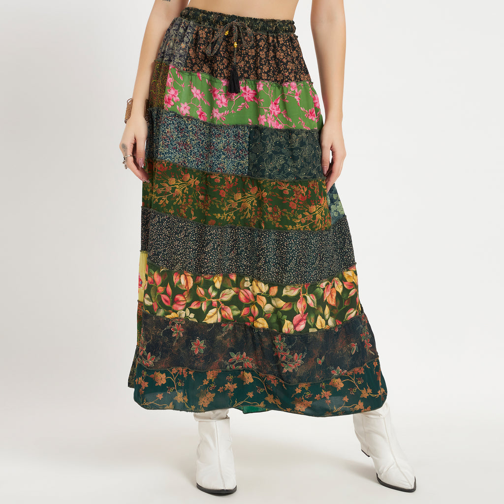 Green Handmade Sari Silk Tiered Patchwork Skirt