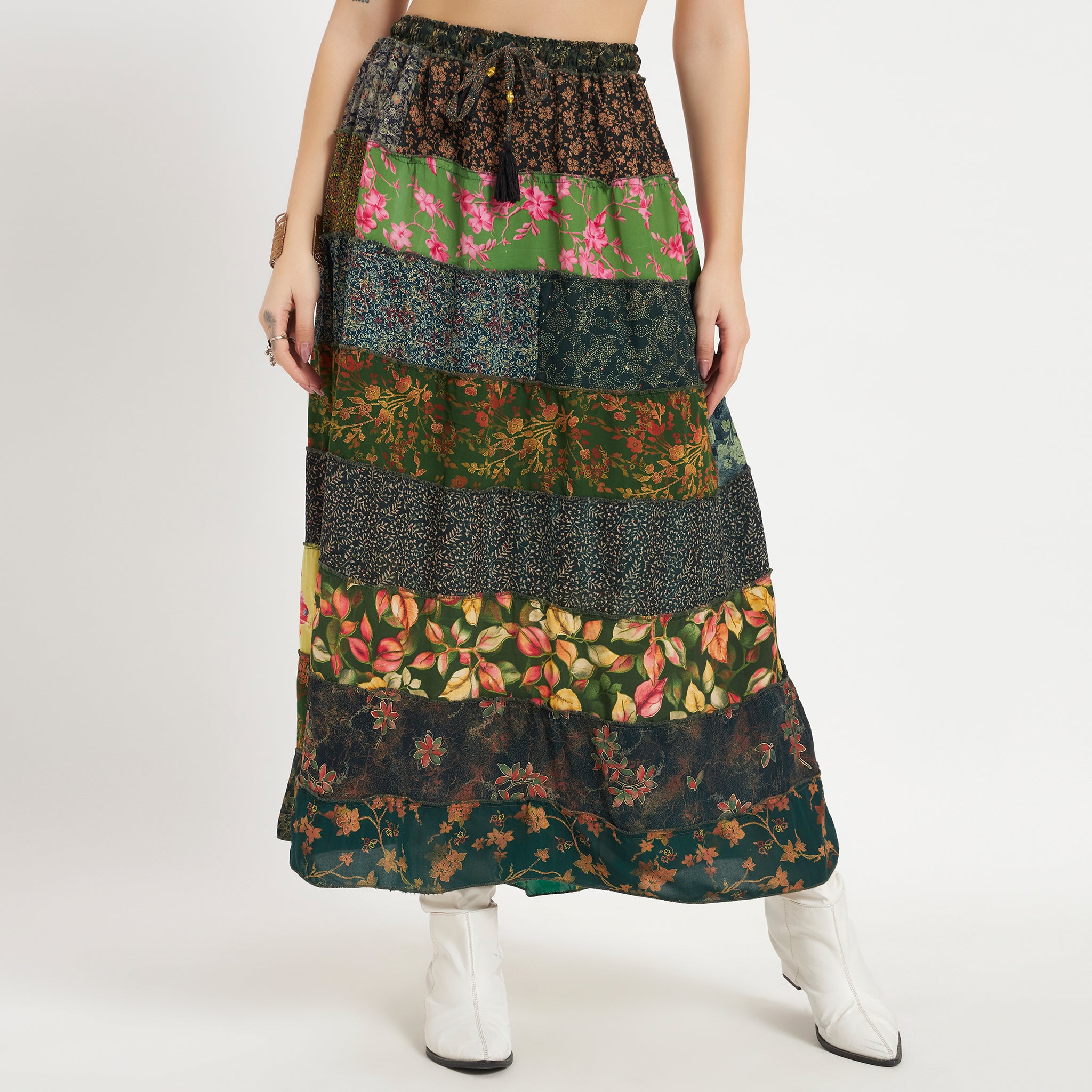 Green Handmade Sari Silk Tiered Patchwork Skirt