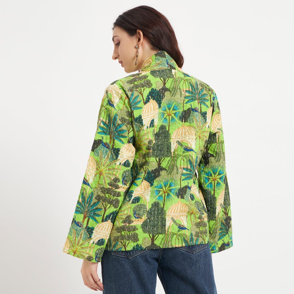Green Cotton Printed Kantha Jacket