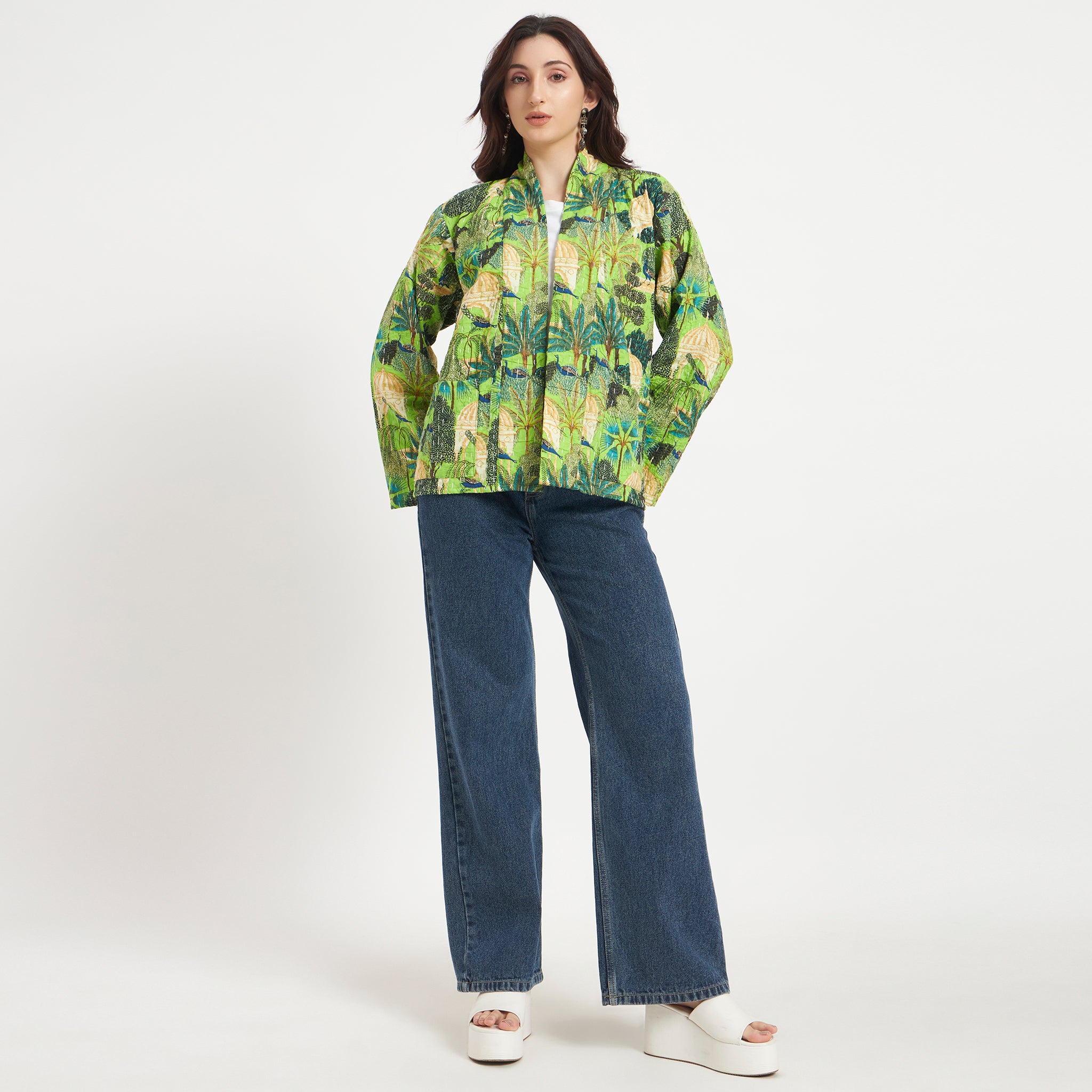 Green Cotton Printed Kantha Jacket
