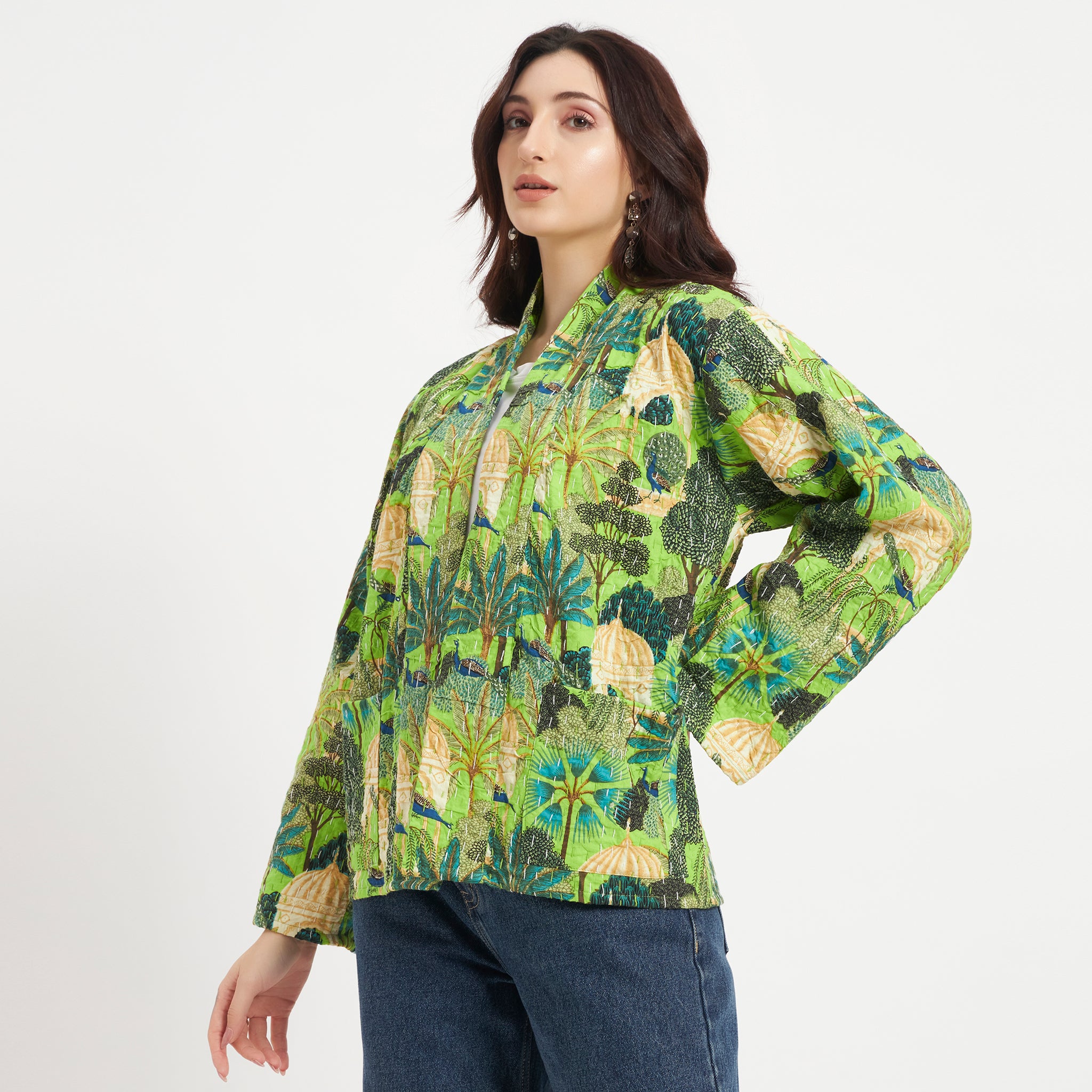 Green Cotton Printed Kantha Jacket
