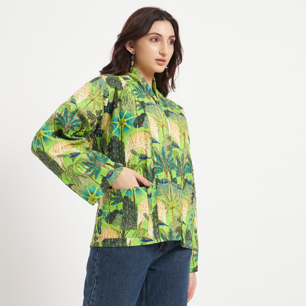 Green Cotton Printed Kantha Jacket