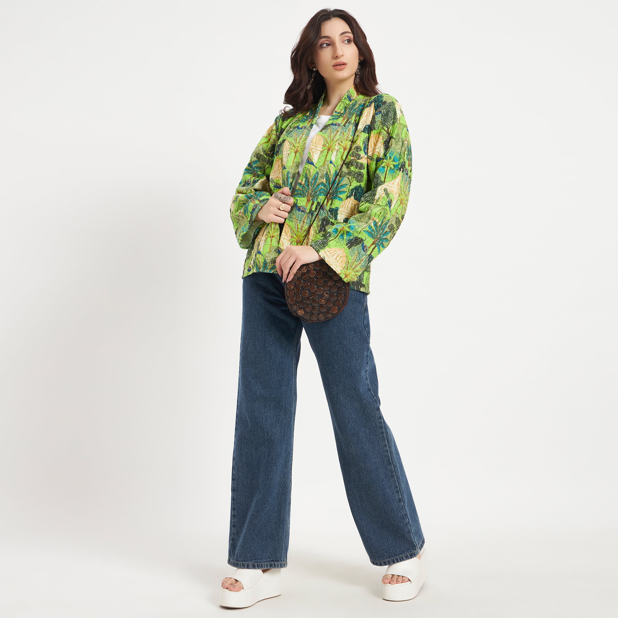 Green Cotton Printed Kantha Jacket