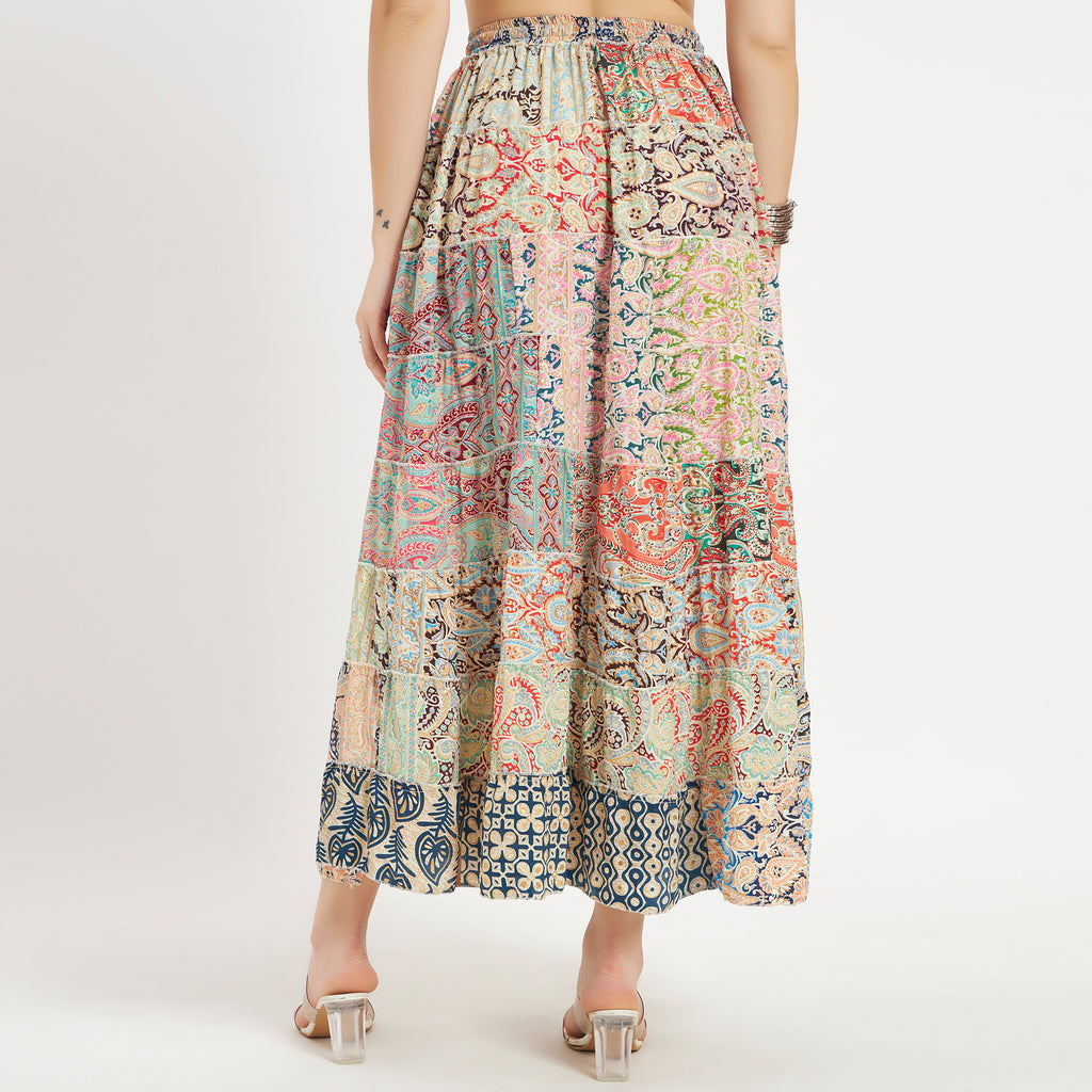 Beige Handmade Sari Silk Tiered Patchwork Skirt