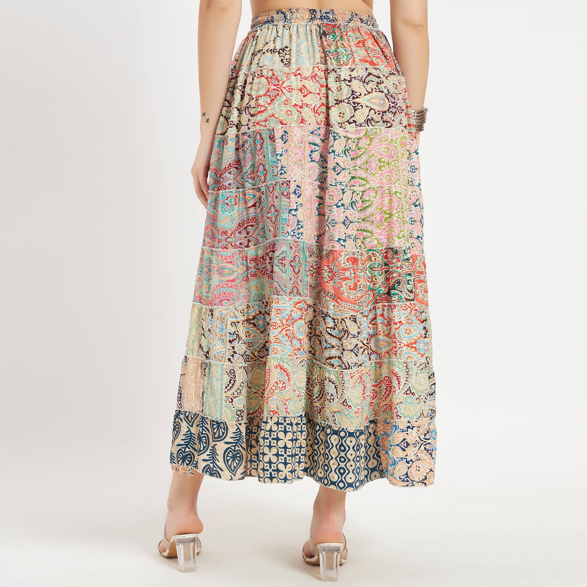 Beige Handmade Sari Silk Tiered Patchwork Skirt