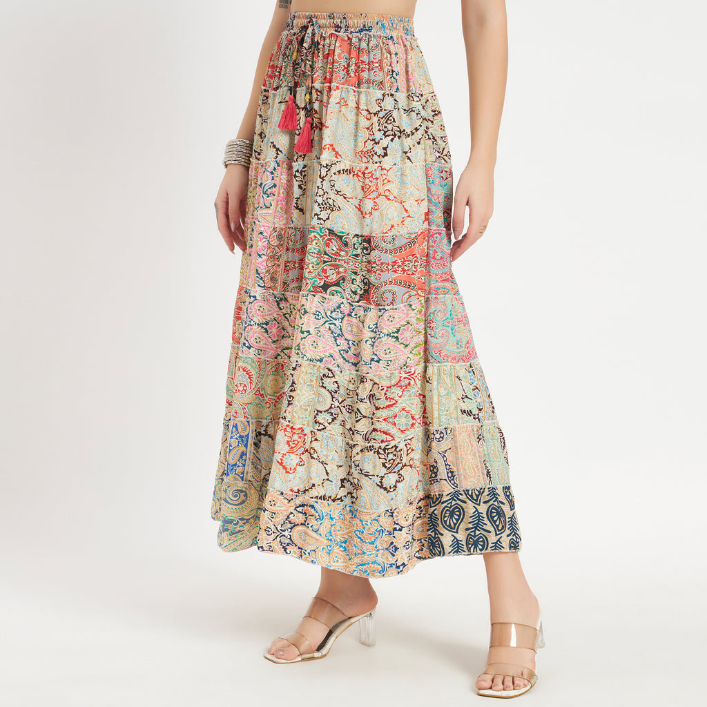 Beige Handmade Sari Silk Tiered Patchwork Skirt