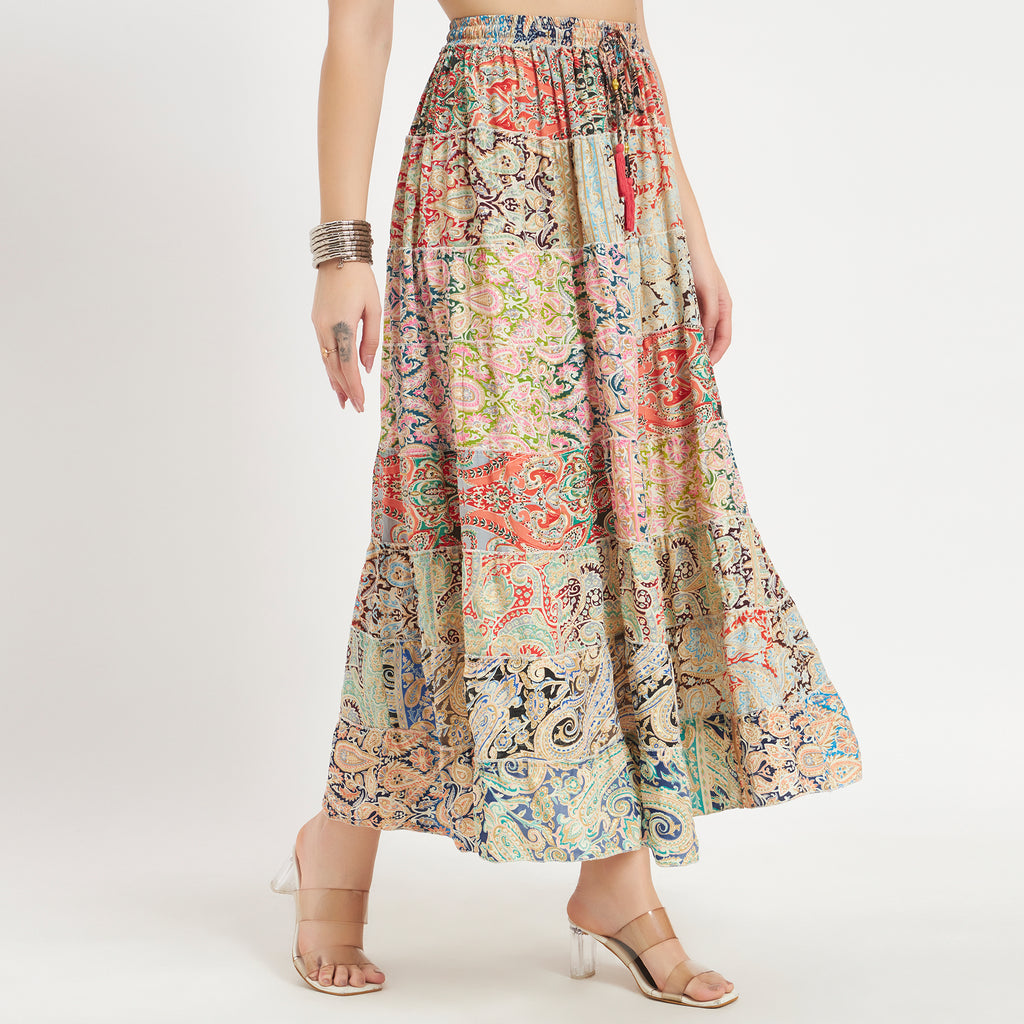 Beige Handmade Sari Silk Tiered Patchwork Skirt