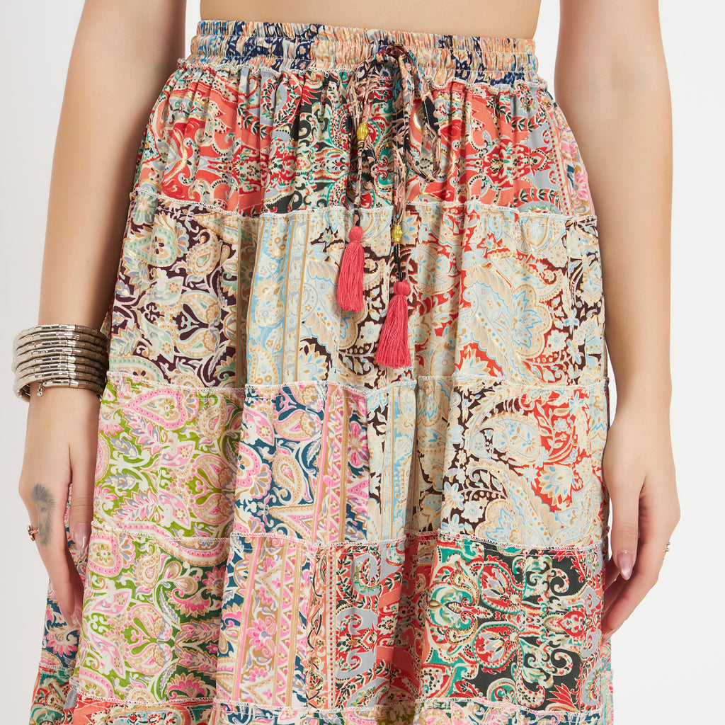 Beige Handmade Sari Silk Tiered Patchwork Skirt