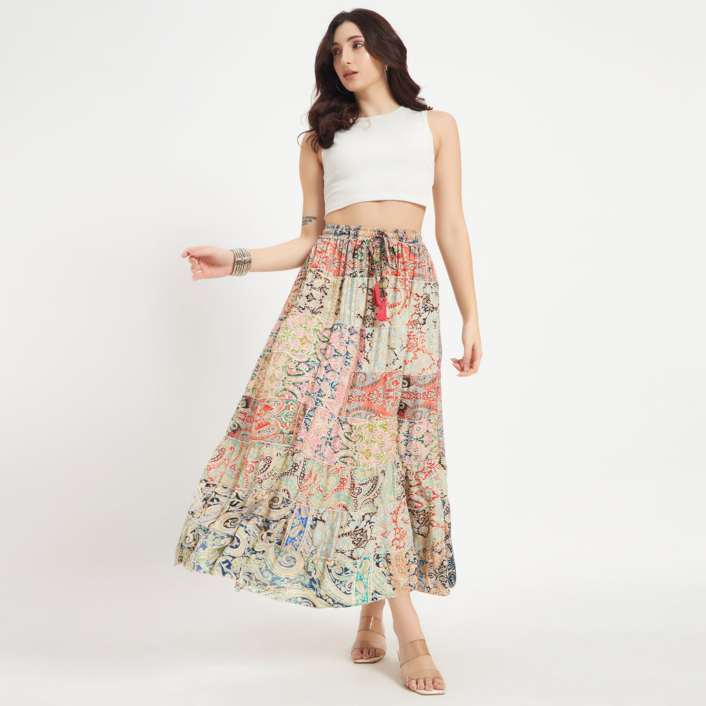 Beige Handmade Sari Silk Tiered Patchwork Skirt