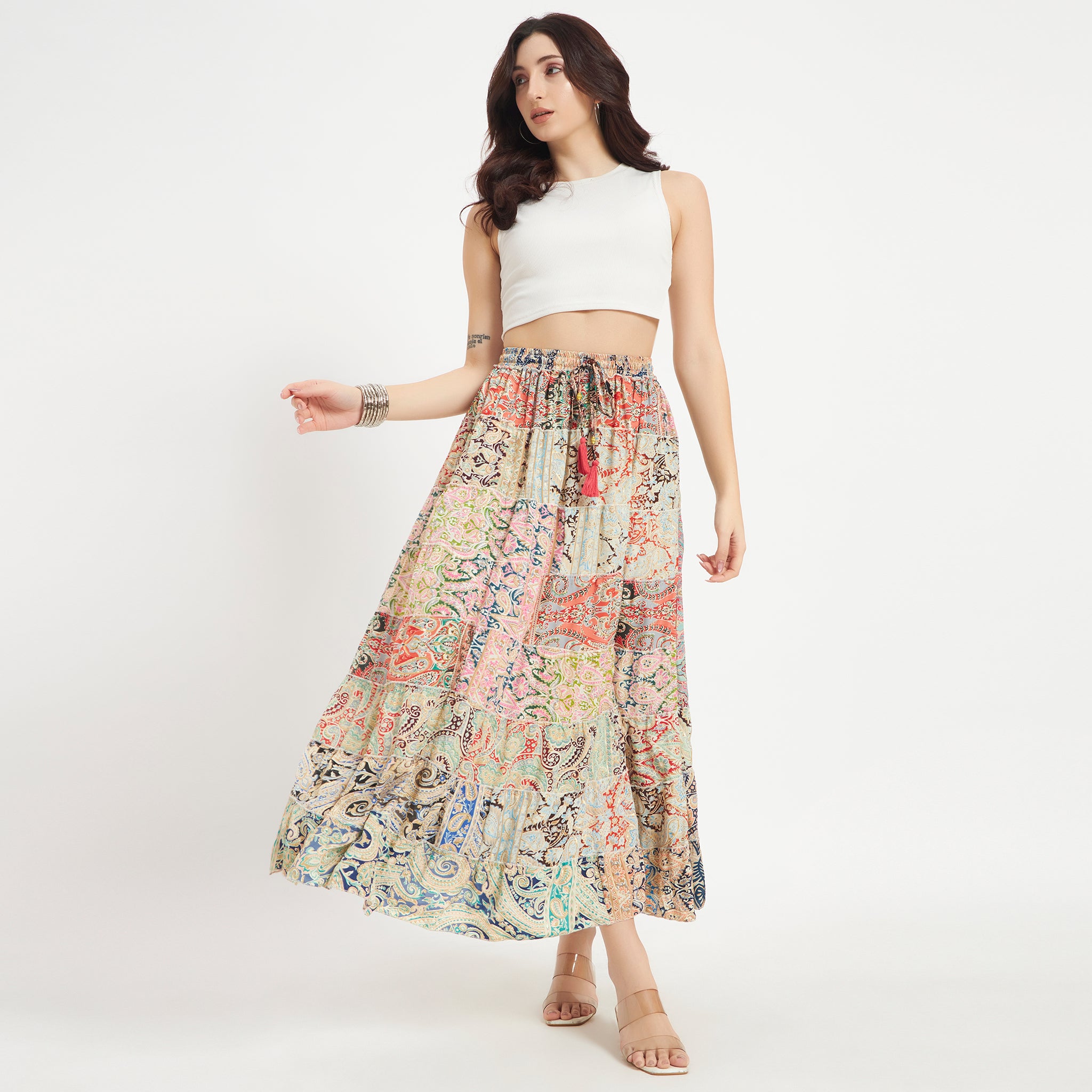 Beige Handmade Sari Silk Tiered Patchwork Skirt