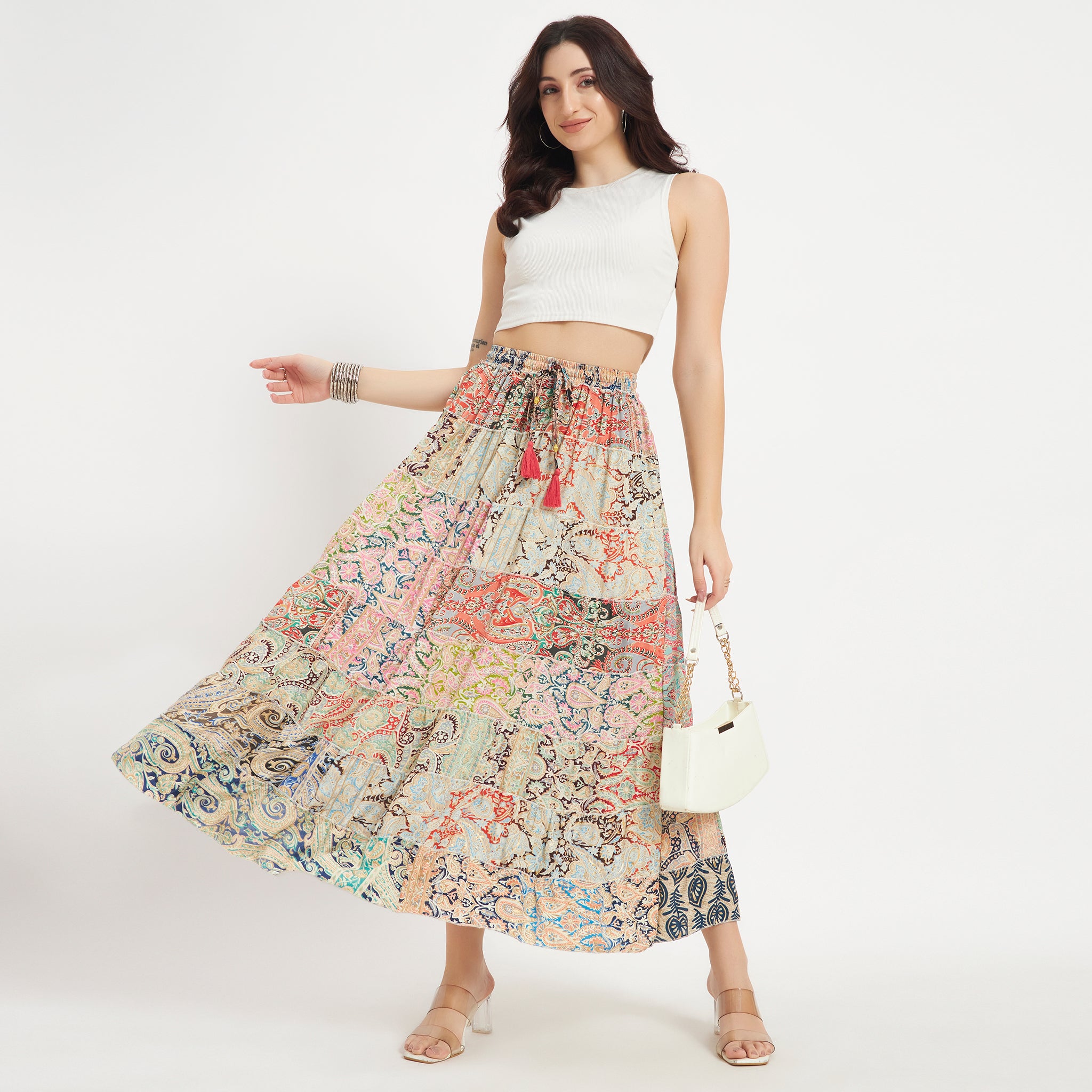 Beige Handmade Sari Silk Tiered Patchwork Skirt